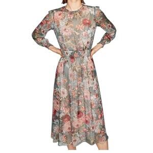 Zara Emerald Green Floral Chiffon Midi Dress Size Small Sheer Overlay with Slip